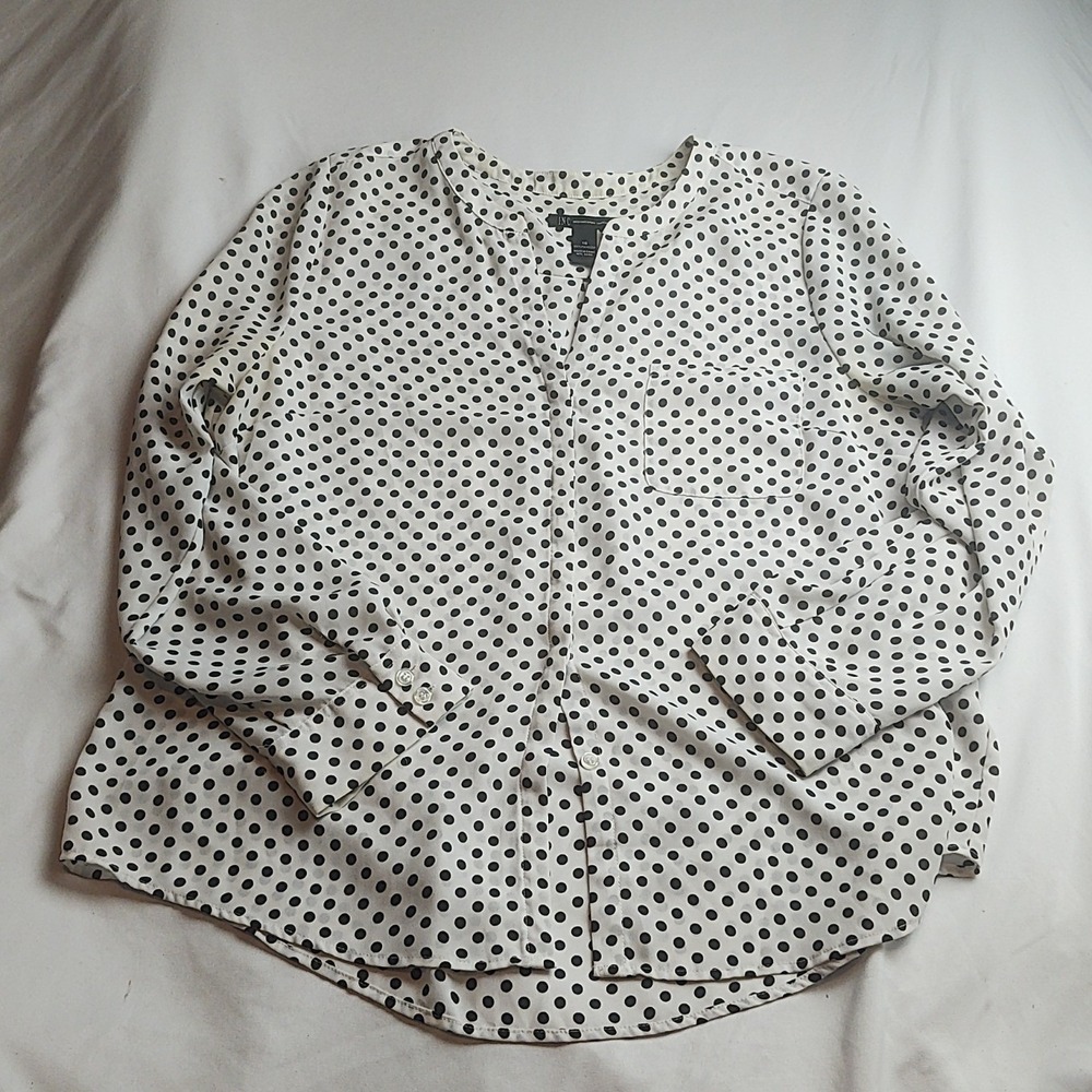 INC International Concepts Button-Down Blouse White Black Polka Dot Women's